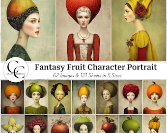 Surreal Fruit Woman Digital Art: Whimsical Girl Images for Junk Journal & Papercraft (Digital Download)