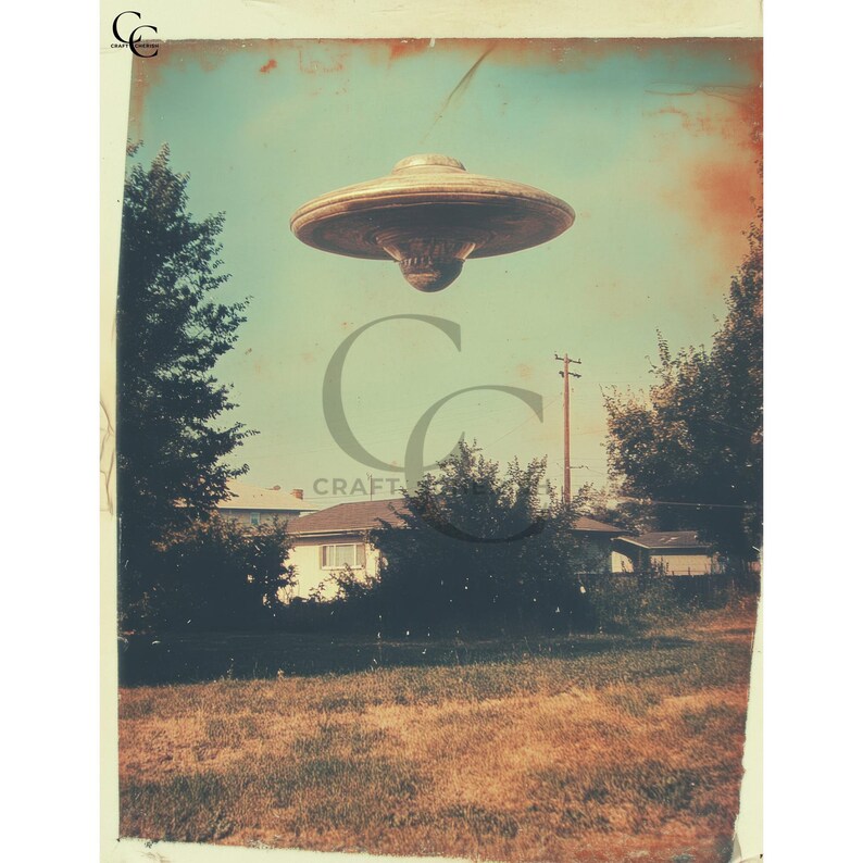 May include: A vintage-style image depicts a metallic, saucer-shaped UFO hovering over a suburban neighborhood. The sky is a faded blue, and the scene has a retro, aged aesthetic. The foreground shows a grassy area with trees and houses in the background.
