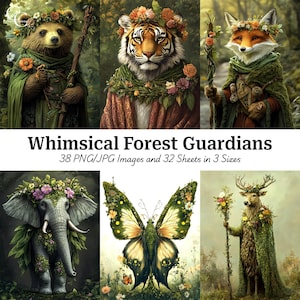 38 illustrations fantaisistes d'animaux de la forêt, Personnages anthropomorphes des bois, Créations en papier, Journal indésirable, Scrapbook, Haute qualité, CU
