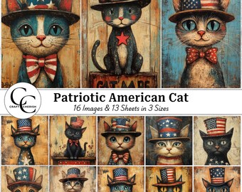 Patriotic American Cat Printable Images: USA, Scrapbook, Junk Journal (Digital Downloads)