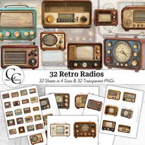 32 retroradio's, vintage radio's, Victoriaanse radio's, oude radiobeelden, Paper Craft, Junk Journal, plakboek, transparante png, digitale download