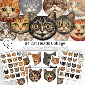 Collage de 54 têtes de chat, images imprimables transparentes, documents éphémères vintage, création en papier, journal indésirable, scrapbooking, haute qualité, téléchargement numérique