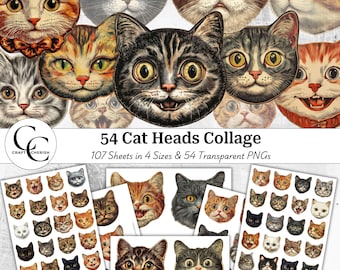 Puede incluir: Un collage de caras de gatos vintage en varios colores y expresiones. La imagen incluye una variedad de ilustraciones de cabezas de gatos, algunas mostradas en hojas individuales. El texto dice "54 Cat Heads Collage".