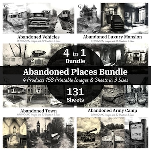Paquete de 158 lugares abandonados: imágenes imprimibles de pueblos, campamentos, vehículos y mansiones. Manualidades de papel, diarios, álbumes de recortes y descargas digitales.