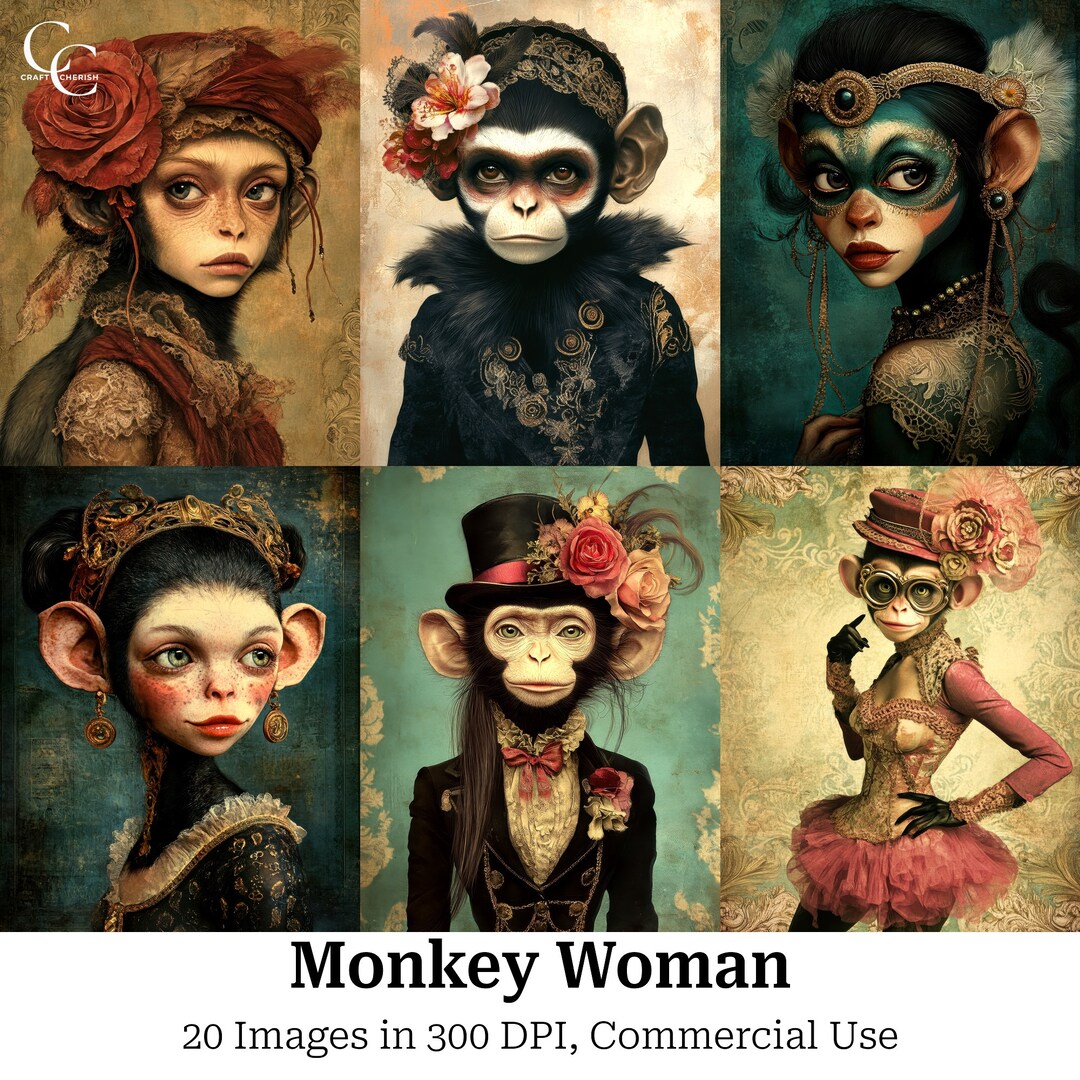 20 Surreal Monkey Woman Digital Images, Whimsical Woman, Monkey With