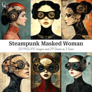 33 Mechanische Masked Frau druckbare Bilder, Steampunk Frau, Papiermodell, Junk Journal, Sammelalbum, digitaler Download, hohe Qualität, CU