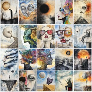 May include: A collection of 20 surreal art prints. Each piece features a unique, dreamlike composition with figures, faces, and landscapes. The color palette includes muted tones, with pops of vibrant color. The art style is a mix of abstract and figurative.