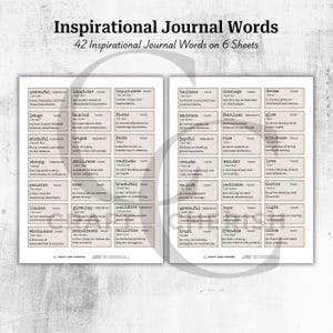 May include: Two printable sheets with inspirational journal words. The sheets have a beige background with black text. The top of the sheets read "Inspirational Journal Words" and "42 Inspirational Journal Words on 6 Sheets."