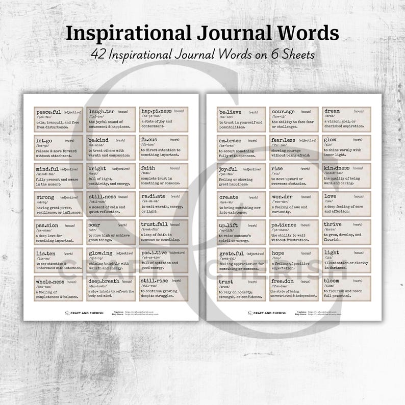 May include: Two printable sheets with inspirational journal words. The sheets have a beige background with black text. The top of the sheets read "Inspirational Journal Words" and "42 Inspirational Journal Words on 6 Sheets."