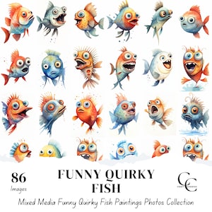86 Funny Fish Printable Images, Whimsical Fish, Quirky Fish, Paper Craft, Junk Journal, Scrapbook, Digital Download, High Quality, CU