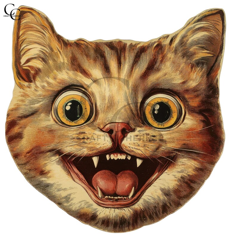 May include: Vintage illustration of a cat's face with wide, yellow eyes and an open mouth revealing teeth and a pink tongue. The cat has brown and tan fur with stripes. The image has a distressed, aged appearance.
