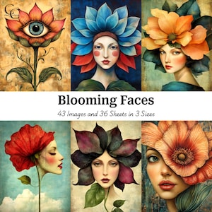 May include: A collage of six artistic portraits featuring women with floral headdresses. The artwork includes a flower with an eye, a woman with blue petals, and others with orange and red blooms. Text reads "Blooming Faces".