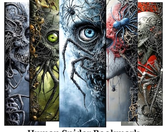 Puede incluir: Un conjunto de cinco marcapáginas verticales con temática de terror. Cada marcapáginas presenta una imagen digital detallada de un híbrido humano-araña con arañas, telarañas y una calavera. El texto "Human Spider Bookmark" está en la parte inferior.