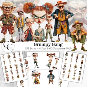 60 personnes grincheuses, personnages de dessins animés originaux, documents éphémères transparents, créations en papier, journal indésirable, scrapbooking, haute qualité, téléchargement numérique