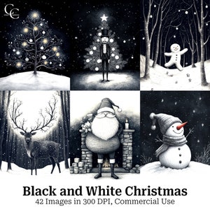 42 images de Noël imprimables en noir et blanc, images festives, créations en papier, journaux indésirables, albums de coupures, haute qualité, téléchargement numérique, CU