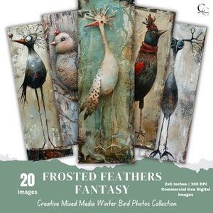 Winter Bird Bookmark Images: Whimsical Fantasy Art (Digital Download)