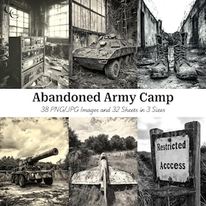 38 imágenes de campamentos militares abandonados, fuertes militares abandonados, efímeras, manualidades de papel, diarios basura, álbumes de recortes, alta calidad, descarga digital, CU