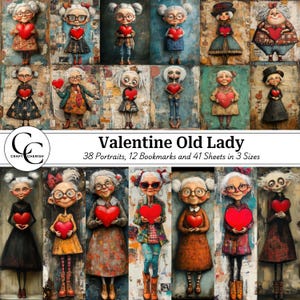 50 images originales de vieille dame de la Saint-Valentin, drôle de vieille femme amoureuse, feuilles imprimables collage technique mixte, journal indésirable, scrapbooking, CU