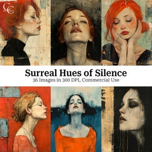36 immagini di ritratti di donne surreali e silenziose, donne stravaganti, lavori di carta, diario di scarto, album di ritagli, alta qualità, download digitale, CU