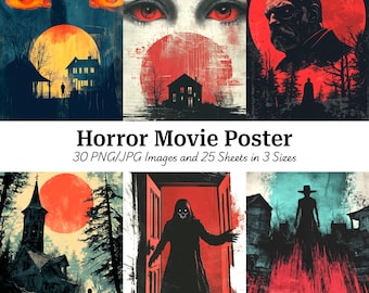 Puede incluir: Una colección de carteles de películas de terror con un estilo vintage y artístico. Las imágenes presentan figuras ominosas, casas encantadas y fondos en tonos rojos. Se muestra el texto "Horror Movie Poster", junto con detalles sobre los formatos y tamaños de las imágenes.