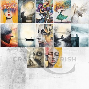 May include: A collection of twelve abstract art prints. The artwork features a variety of styles, including portraits, surreal landscapes, and figures. The color palette includes yellows, blues, greens, and reds. The prints are displayed on a textured, white background.