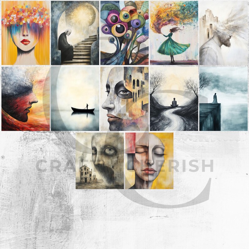 May include: A collection of twelve abstract art prints. The artwork features a variety of styles, including portraits, surreal landscapes, and figures. The color palette includes yellows, blues, greens, and reds. The prints are displayed on a textured, white background.