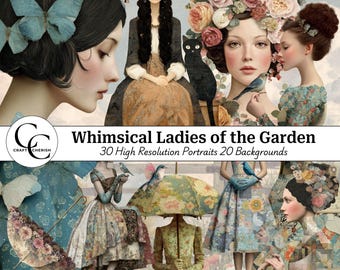 May include: Digital artwork showcasing portraits of women adorned with floral and butterfly details. The image includes the text "Whimsical Ladies of the Garden" and "30 High Resolution Portraits 20 Backgrounds". The color scheme features soft pastels and earthy tones.