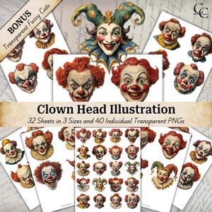 40 ilustraciones de cabezas de payaso, imágenes prediseñadas de cabeza de payaso vintage, hojas de efímeras vintage, paquete de PNG transparentes con cortes complicados, diario basura, descarga digital