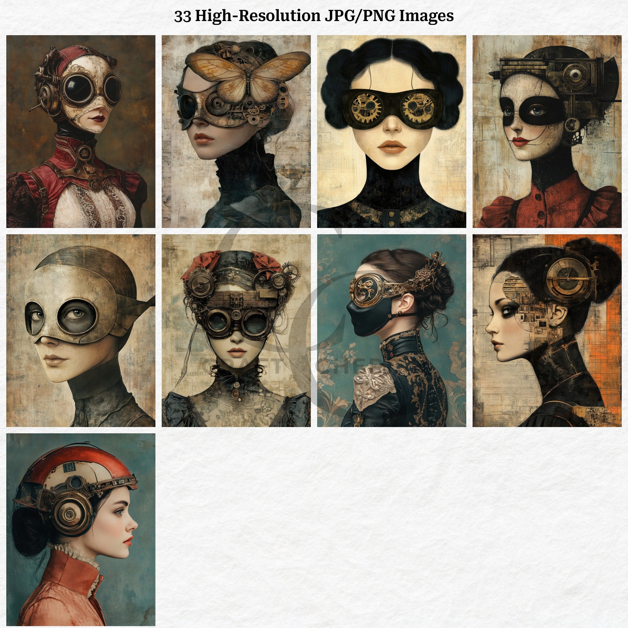 33 Steampunk Mechanical Masked Woman Printable Images for Junk Journals ...