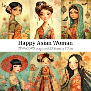 28 imágenes imprimibles de mujeres asiáticas caprichosas, retratos de mujeres felices, manualidades de papel, diarios basura, álbumes de recortes, alta calidad, descarga digital, CU