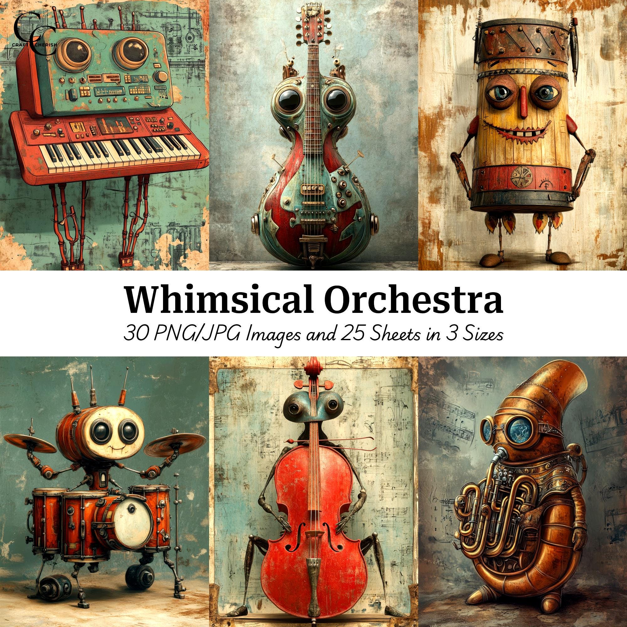 Whimsy Instruments Music Instrument Digital Art Bundle, 30 Whimsical Printable Images for ...
