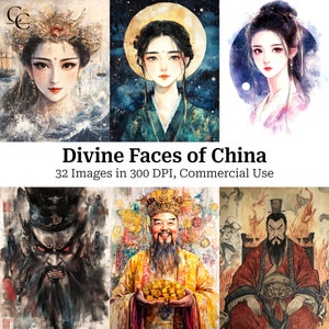 32 immagini digitali stampabili di divinità cinesi, volti divini della Cina, lavori di carta, diario di scarto, album, alta qualità, download digitale, CU