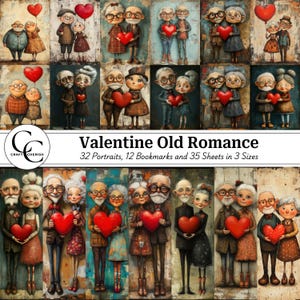 44 immagini eccentriche di coppie anziane di San Valentino, divertenti coppie anziane innamorate, fogli stampabili di collage di carta con tecniche miste, diario di spazzatura, album di ritagli