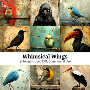 Images imprimables de 36 oiseaux fantaisistes, technique mixte d'oiseau, fabrication de cartes, créations en papier, journal indésirable, scrapbooking, haute qualité, téléchargement numérique, CU