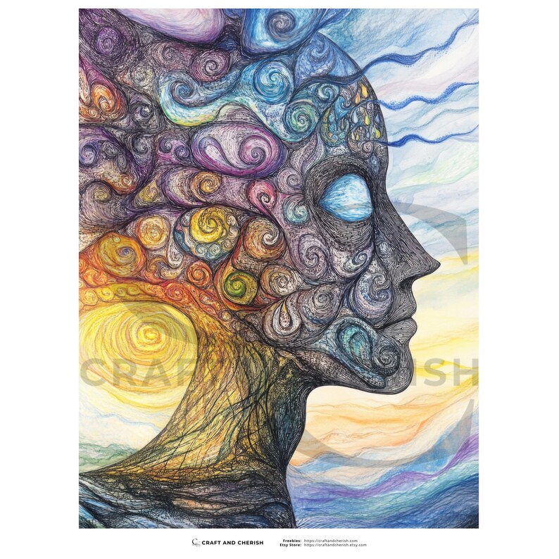 May include: A colorful artistic print featuring a profile of a face with swirling patterns and a tree-like structure. The artwork uses a palette of blues, yellows, oranges, and purples. The text "CRAFT AND CHERISH" is visible at the bottom.