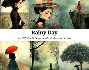 Surrealistische vrouw met paraplu digitale kunst: Rainy Day-afbeeldingen voor ongewenste tijdschriften (digitale download)