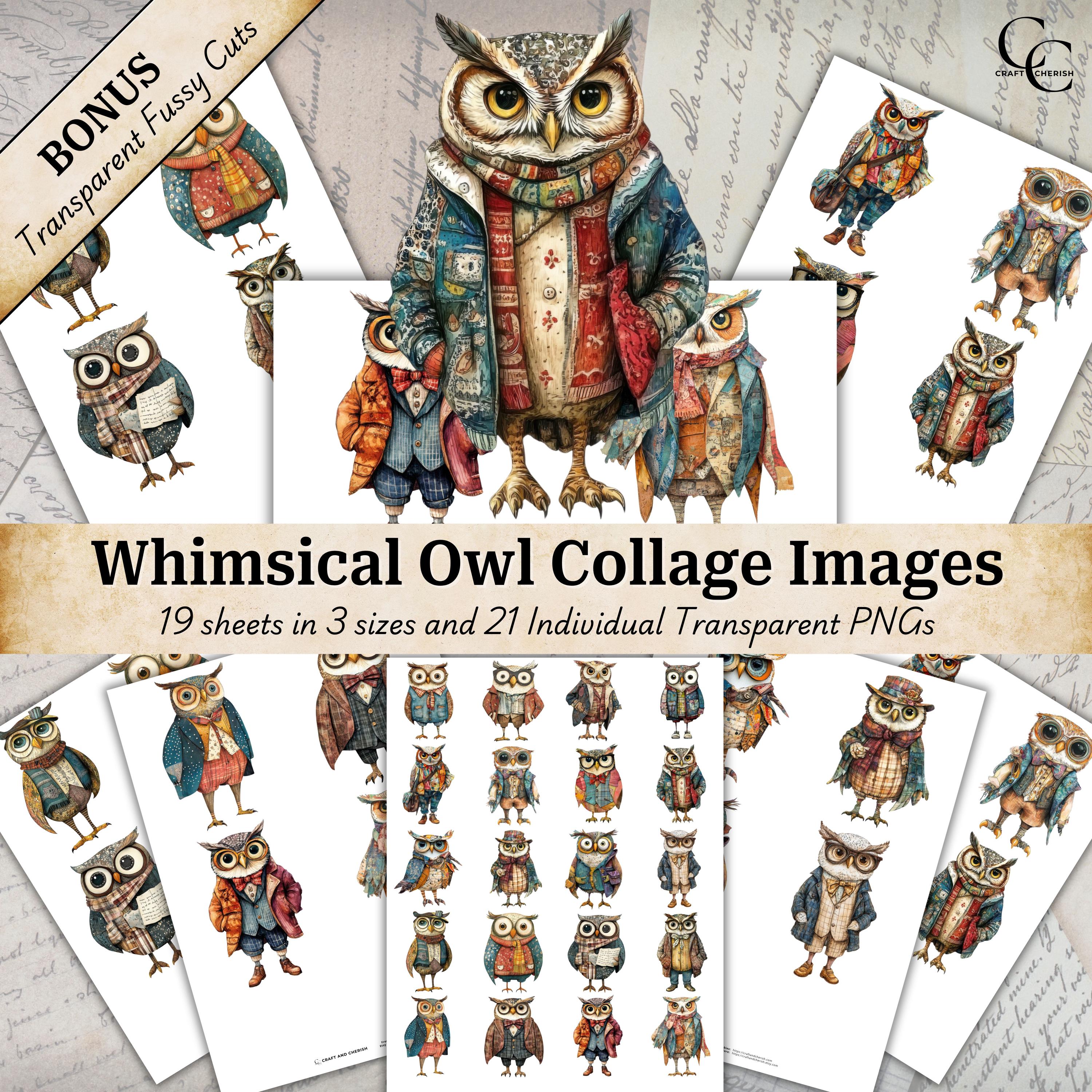 Whimsical Owl Portrait Clipart: Mixed-Media Ephemera (Digital Download)