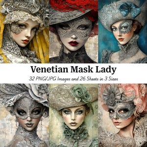 32 elegante Venetiaans masker dame portretafbeeldingen, Venetiaans zijdemasker, Papercraft, Junk Journal, plakboek, hoge kwaliteit, digitale download, CU