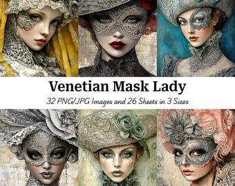 Materiale effimero per feste in maschera, immagini di ritratti di donne con maschera veneziana, download digitale di un diario di oggetti gotici