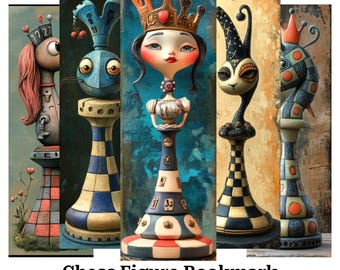 Whimsical Chess Figure Bookmarks: Surreal Art Papercraft (Digital Download)