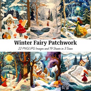 Winter Fairy Landscape Art: Patchwork Printable Images (Digital Download)