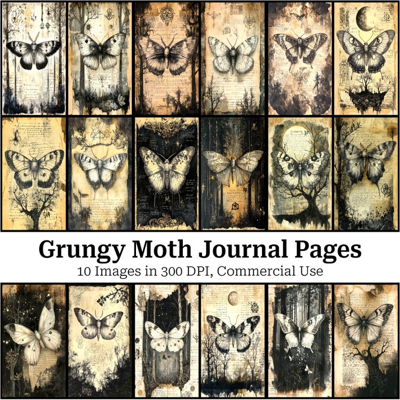 Moth Journal Dark Moth Junk Journal Pages: Gothic Butterfly Ephemera (digital ...