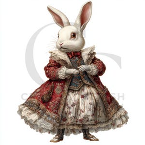 May include: A detailed illustration of a white rabbit dressed in a red and gold patterned coat, a blue vest, and a floral print dress. The rabbit has a bow tie and is wearing boots. The image has a vintage, storybook aesthetic.