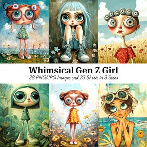 28 Whimsical Gen Z Cartoon Girl Illustration, Big Eyes Girls, Paper Craft, Scrapbooking, Journaling, High Quality, Digital Download, CU
