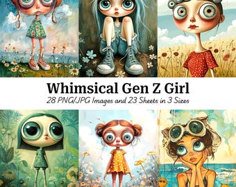 Gen Z Girl Illustration: Whimsical Big Eye Art (Digital Download)