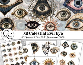 May include: A collection of digital art featuring various stylized eye designs in watercolor. The artwork includes eyes with intricate details, set against a backdrop of similar eye motifs. The text reads "38 Celestial Evil Eye" and "38 Sheets in 4 Sizes & 38 Transparent PNGs."