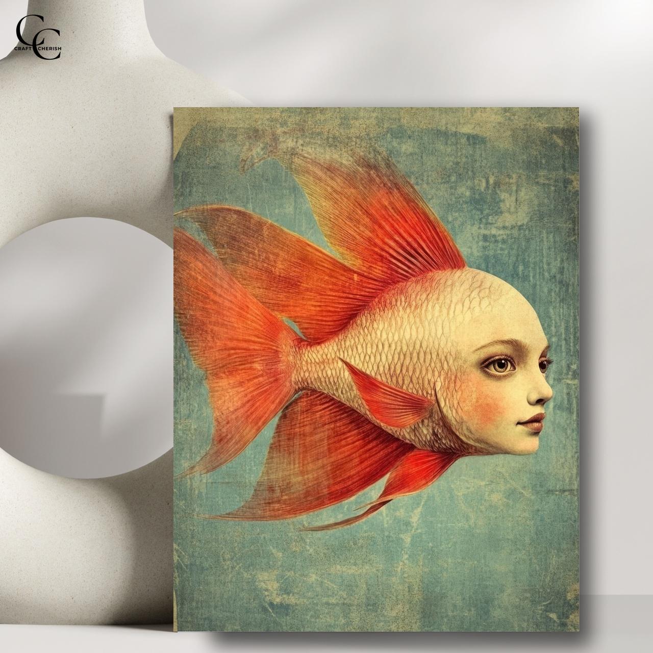 魚頭人画像：ジャンクジャーナル用シュールな海の生き物デジタルアート