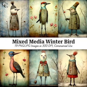 Whimsical Winter Bird Art: Mixed Media Printable Images (Digital Download)