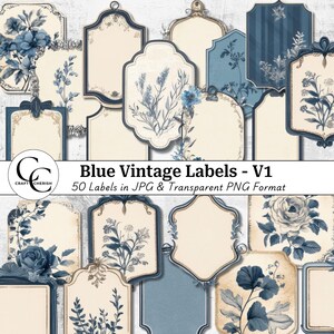 50 Blue Vintage Labels, Vintage Tags - V1, Ephemera, Victorian Floral Tag, Transparent High Quality Digital Printable Images for Paper Craft