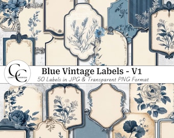 Victorian Floral Labels Printable, Blue Vintage Ephemera, Junk Journal Printables, Embellishments